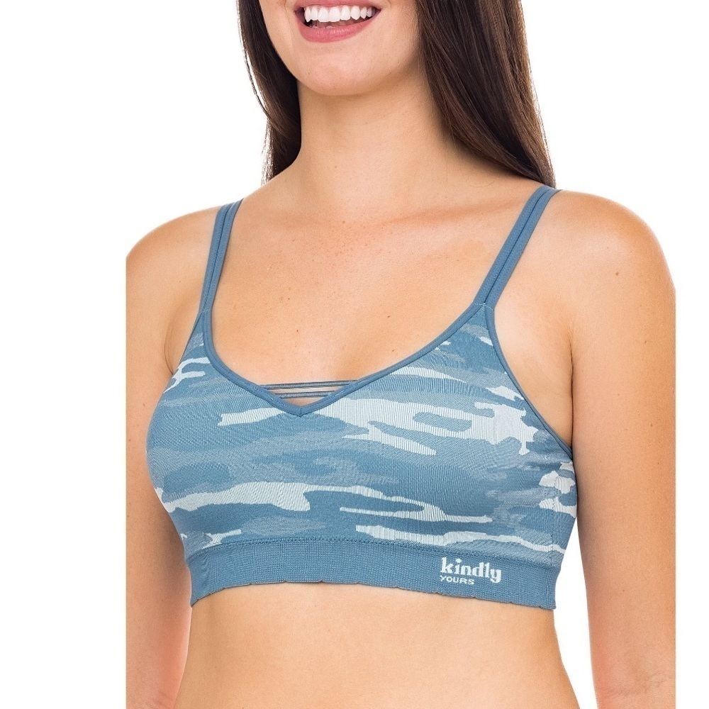 Kindly Yours caged v-neck blue camo sustainable seamless bralette large